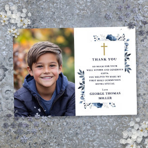 Navy Blue Floral Photo First Holy Communion Thank You Card