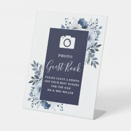 Navy Blue Floral Photo Guest Book Wedding Pedestal Sign