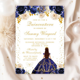 Navy Blue Floral Princess Quinceañera Invitation