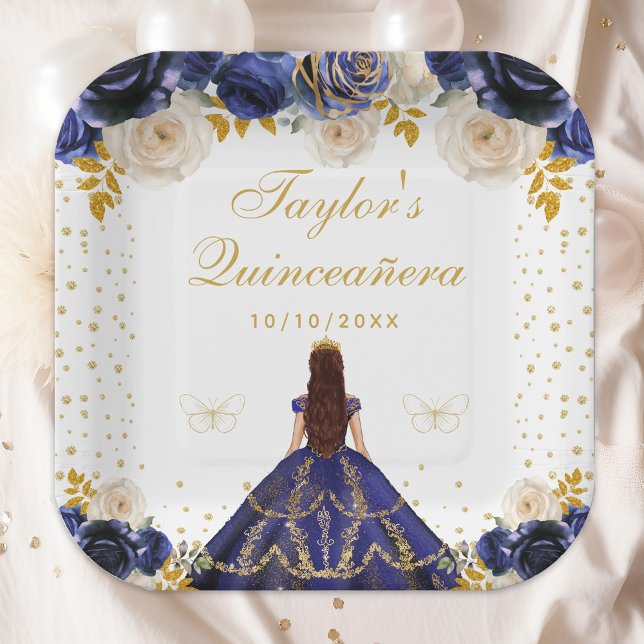Navy Blue Floral Princess Quinceañera Paper Plate (Creator Uploaded)
