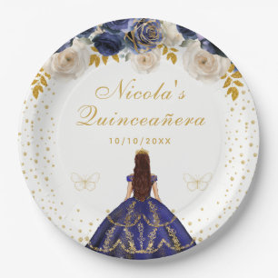Navy Blue Floral Princess Quinceañera Paper Plate
