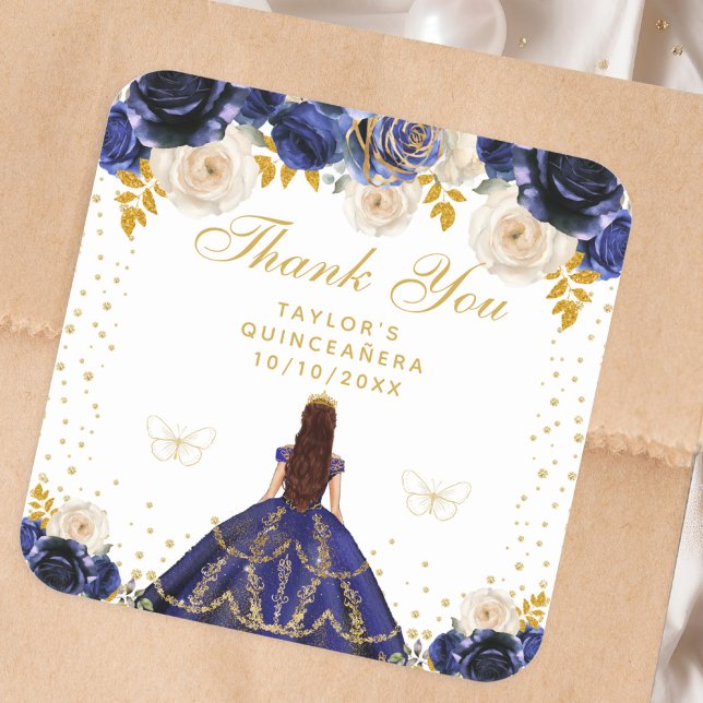 Navy Blue Floral Princess Quinceañera Square Sticker (Creator Uploaded)