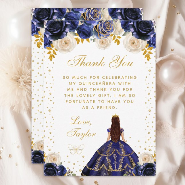 Navy Blue Floral Princess Quinceañera Thank You Card (Creator Uploaded)