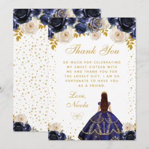 Navy Blue Floral Princess Quinceañera Thank You Card
