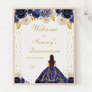 Navy Blue Floral Princess Quinceañera Welcome Poster