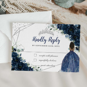 Navy Blue Floral Princess Silver Quinceañera Reply RSVP Card