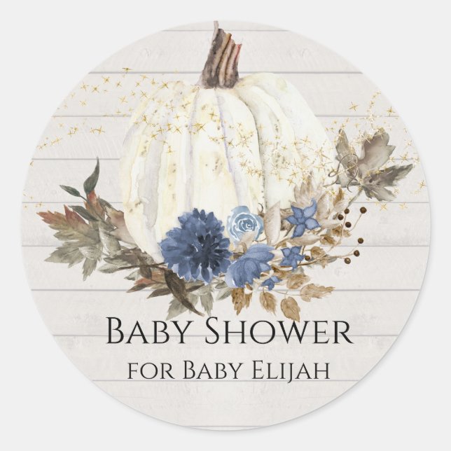 Navy Blue Floral Pumpkin Grey Wood Baby Shower Classic Round Sticker (Front)