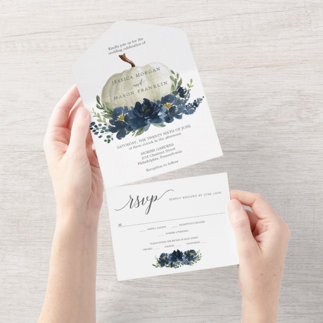 Navy Blue Floral Pumpkin Wedding All In One Invitation (Tearaway)
