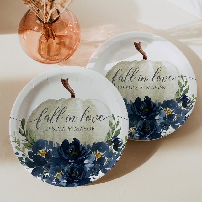 Navy Blue Floral Pumpkin Wedding Paper Plates (Creator Uploaded)
