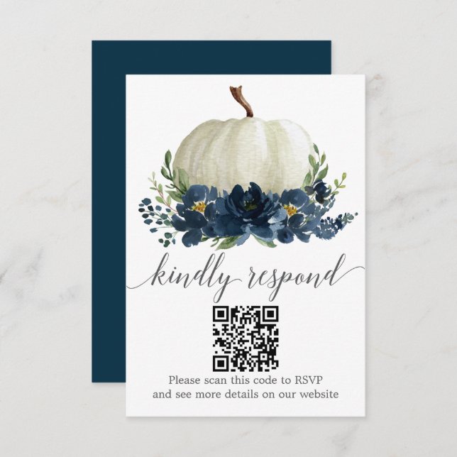Navy Blue Floral Pumpkin Wedding QR RSVP Enclosure Card (Front/Back)