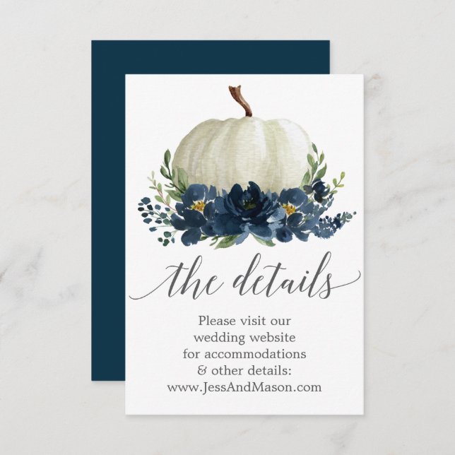 Navy Blue Floral Pumpkin Wedding Website Details Enclosure Card (Front/Back)