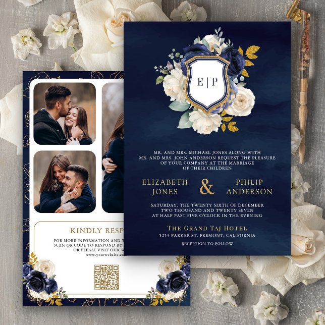 Navy Blue Floral QR Code Photo Crest Wedding Invitation (Creator Uploaded)