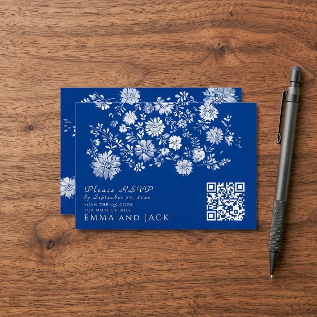 Navy Blue Floral QR Code Wedding Details Card (Navy Blue Floral QR Code Wedding Details Card)