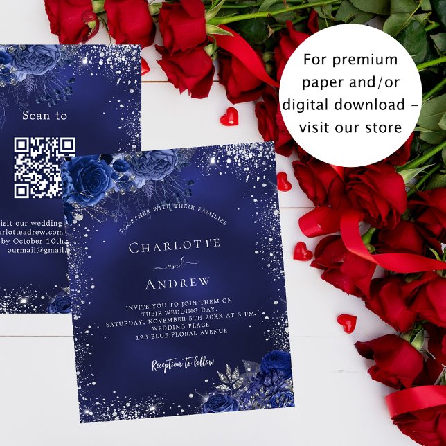 Navy blue floral QR RSVP budget wedding invitation (Creator Uploaded)