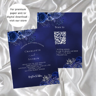 Navy blue floral QR RSVP budget wedding invitation