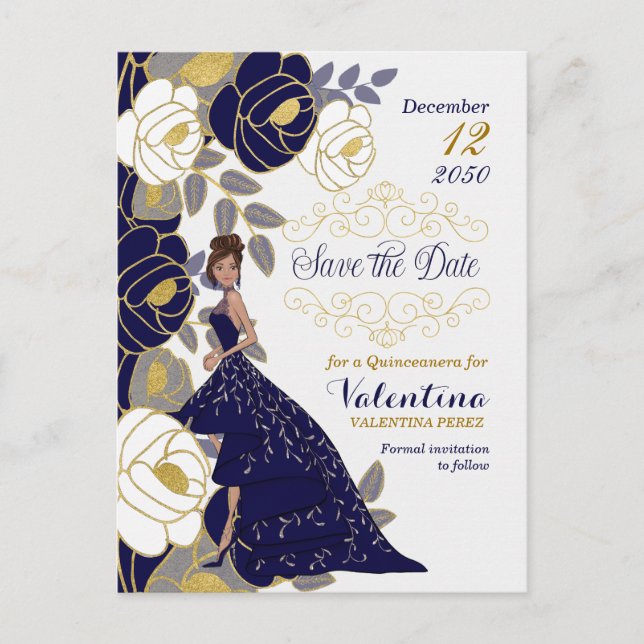 Navy Blue Floral Quincanera Save the Date Announcement Postcard (Front)