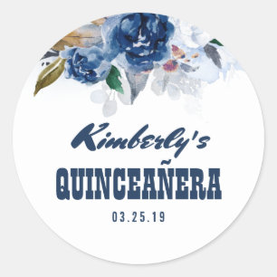 Navy Blue Floral Quinceañera 15th Birthday Classic Round Sticker