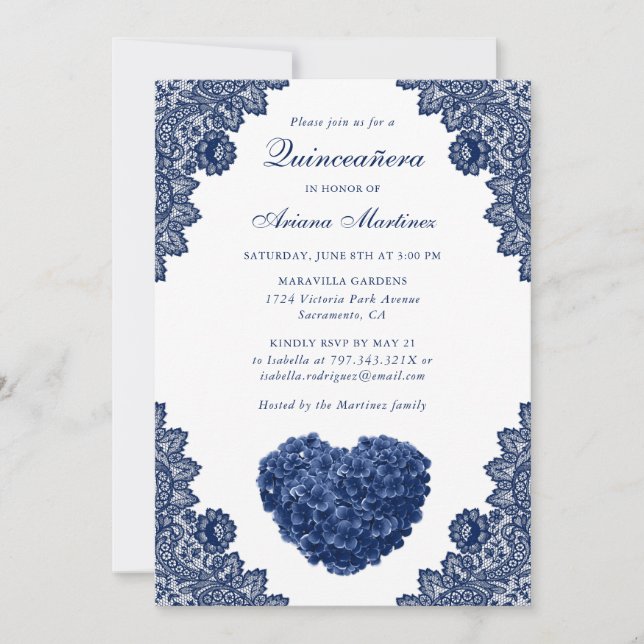 Navy Blue Floral Quinceañera 15th Birthday Invitation (Front)