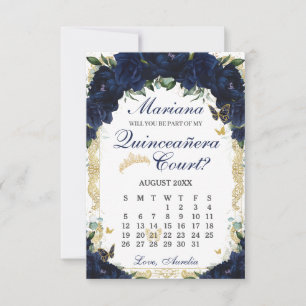 Navy Blue Floral Quinceanera Court Proposal Card