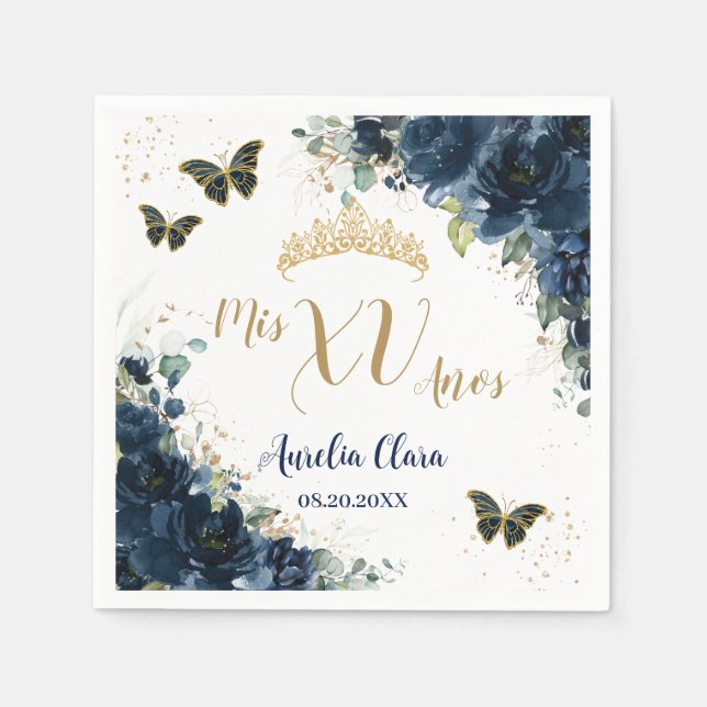 Navy Blue Floral Quinceanera Gold Butterflies Napkin (Front)