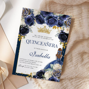 Navy Blue Floral Quinceanera Mis Quince Anos Invitation