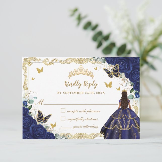 Navy Blue Floral Quinceañera Princess Crown Gold  RSVP Card (Standing Front)