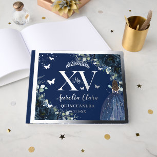 Navy Blue Floral Quinceañera Quince 15 Silver Guest Book