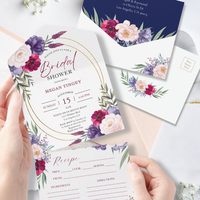 Navy Blue Floral Recipe Bridal Shower Invitation (Creator Uploaded)
