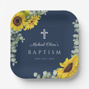 Navy Blue Floral Religious Cross Baptism Paper Plate