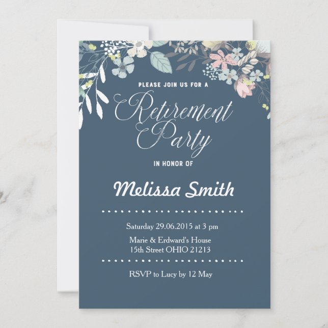 Navy Blue Floral Retirement Party Invite (Front)