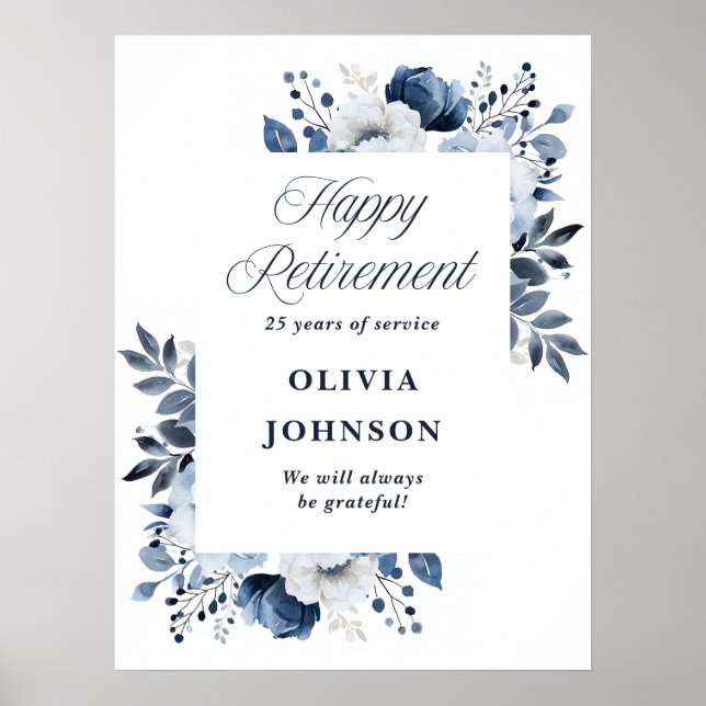 Navy Blue Floral Retirement Party Welcome Sign (Front)