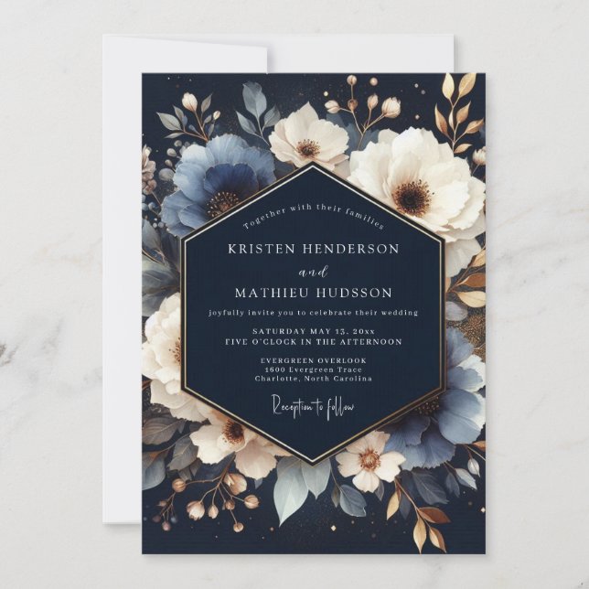 Navy Blue Floral Romance Wedding Invitation (Front)