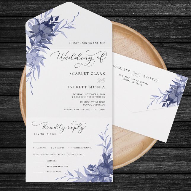 Navy Blue Floral Romantic Calligraphy Wedding RSVP All In One Invitation (Creator Uploaded)