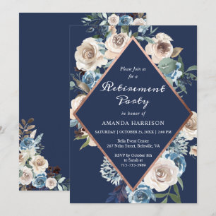 Navy Blue Floral Rose Gold Frame Retirement Party Invitation