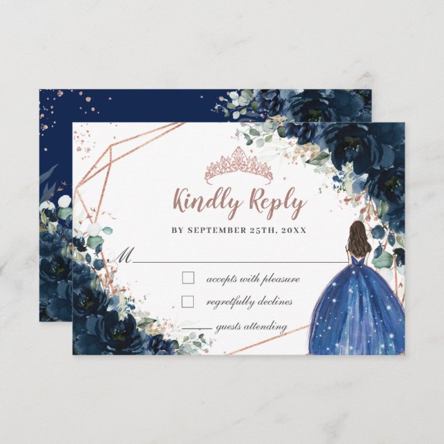 Navy Blue Floral Rose Gold Princess Quinceañera  RSVP Card (Front/Back)