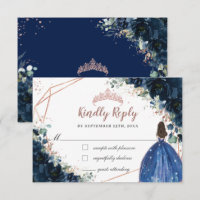Navy Blue Floral Rose Gold Princess Quinceañera 