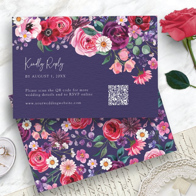 Navy Blue Floral RSVP Card (Navy Blue Watercolor Floral RSVP Card with QR Code by Painted Paperie
)
