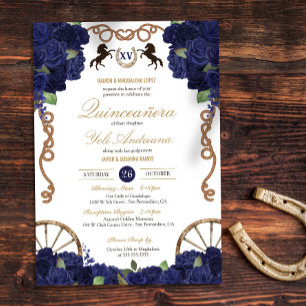 Navy Blue Floral Rustic Charra Quinceanera Invitation