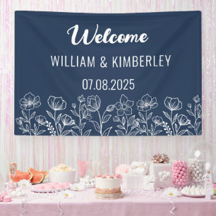 Navy Blue Floral Rustic Simple Modern Wedding Banner