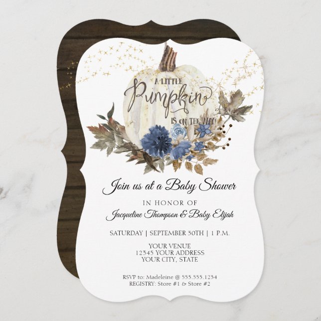 Navy Blue Floral Rustic White Pumpkin Baby Shower Invitation (Front/Back)