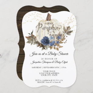 Navy Blue Floral Rustic White Pumpkin Baby Shower Invitation