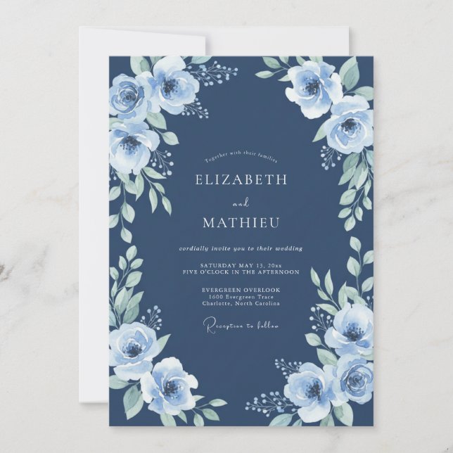 Navy Blue Floral Serenity Wedding Invitation (Front)