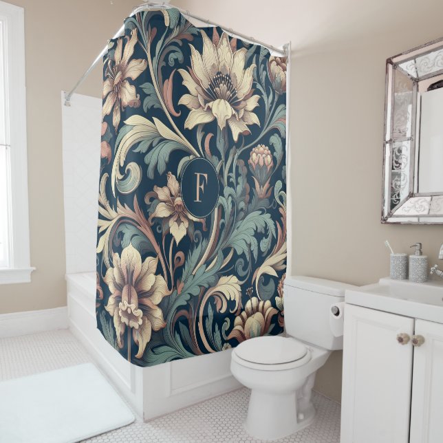Navy blue floral shower curtain (In Situ)