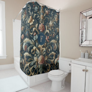 Navy blue floral shower curtain