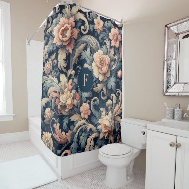 Navy blue floral shower curtain (In Situ)