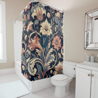 Navy blue floral shower curtain