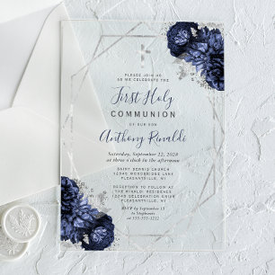 Navy Blue Floral Silver Frame First Holy Communion Acrylic Invitations