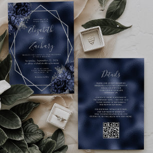 Navy Blue Floral Silver Frame QR Code Wedding Invitation