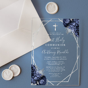 Navy Blue Floral Silver Geo First Holy Communion Acrylic Invitations