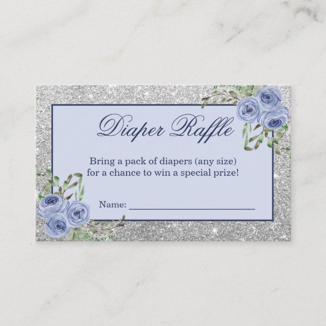 Navy Blue Floral Silver Grey Sparkle Diaper Raffle Business Card (Front)